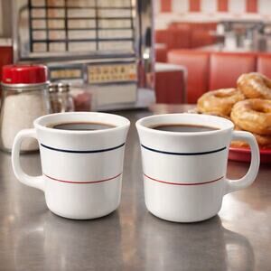 Set of 2 Corning USA white Plymouth mugs red & navy stripe USA